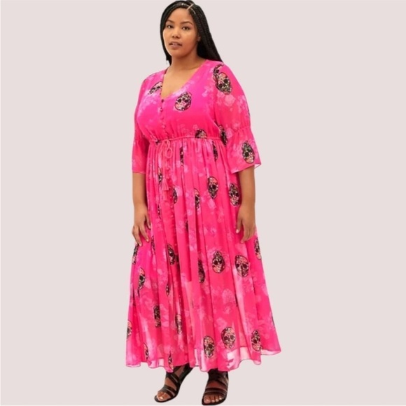 Torrid Hot Pink Sugar Skulls Maxi Dress Size 3 Whimsigoth Rock Festival - Picture 1 of 7